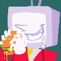 Tenna eating a hamburger and wearing a wedding dress